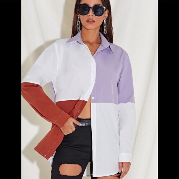 Tops - Color Block Asymmetrical Button Down Tunic